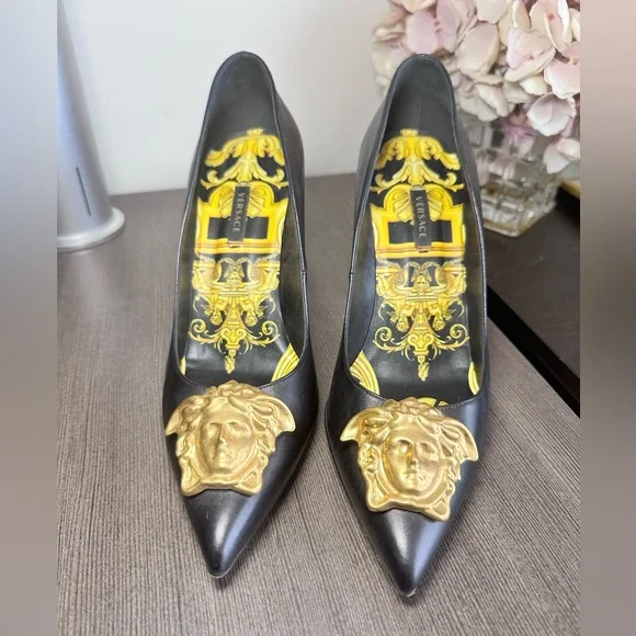 Versace Black Heels with Gold Medusa Accent - Picture 2 of 6